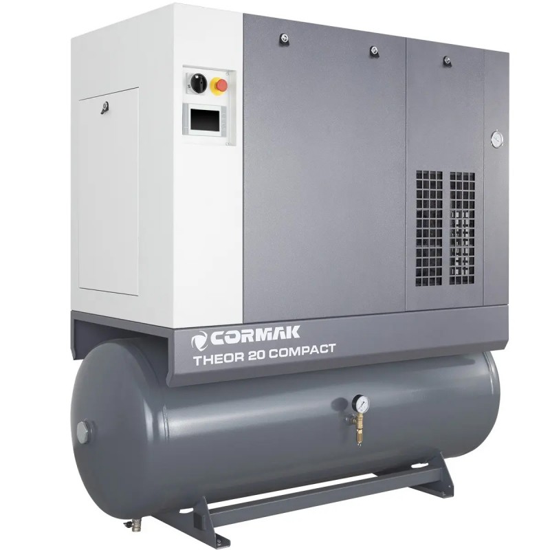 Skruvkompressor med avfuktare, frekvensomriktare och 500-litersbehållare – THEOR 20 COMPACT – 15 kW – 2000 l/min.