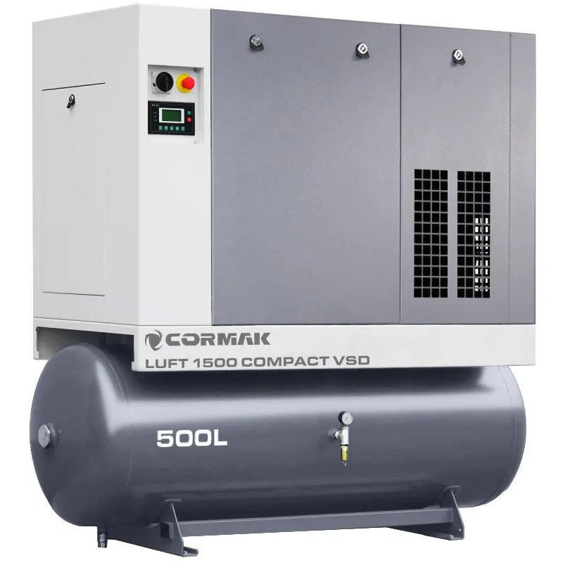 Skruvkompressor med avfuktare, VSD-frekvensomriktare och 500-litersbehållare – LUFT 1500 COMPACT 11 kW – 1580 l/min