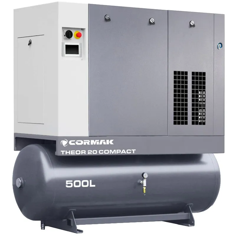 Skruvkompressor med avfuktare, frekvensomriktare och 500-litersbehållare – THEOR 20 COMPACT – 15 kW – 2000 l/min.