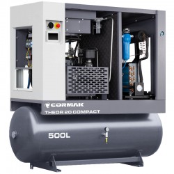 Skruvkompressor med avfuktare, frekvensomriktare och 500-litersbehållare – THEOR 20 COMPACT – 15 kW – 2000 l/min.