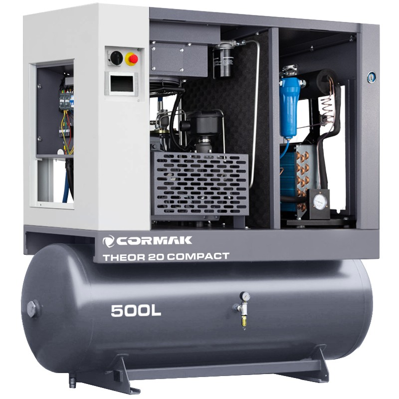 Skruvkompressor med avfuktare, frekvensomriktare och 500-litersbehållare – THEOR 20 COMPACT – 15 kW – 2000 l/min.
